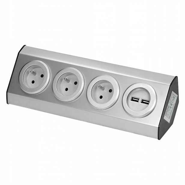 Povrchová rohová zásuvka Orno Virone FS-3, 3x 230V, 2xUSB, nerez