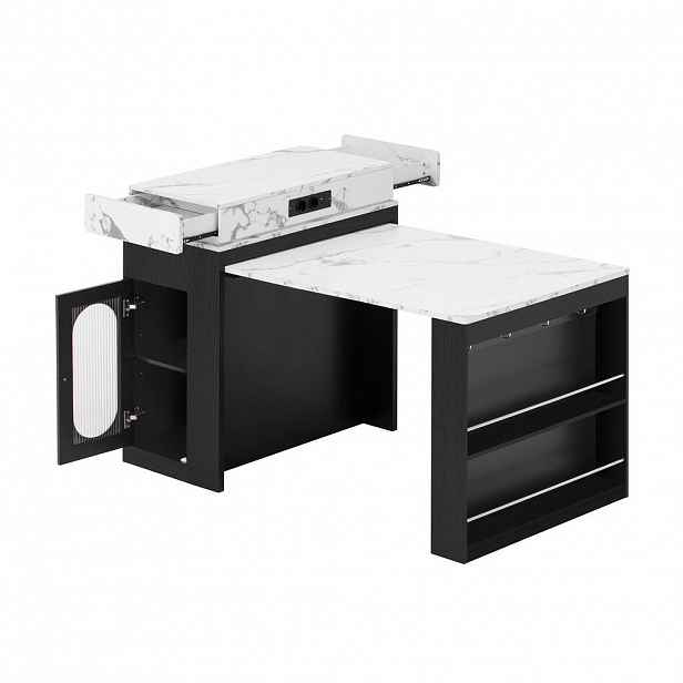 Redom KUCHYŇSKÝ ostrůvek 83/46–146,5/96 cm s výsuvnou deskou, úložným prostorem a zásuvkami, MDF a sklo, Černá