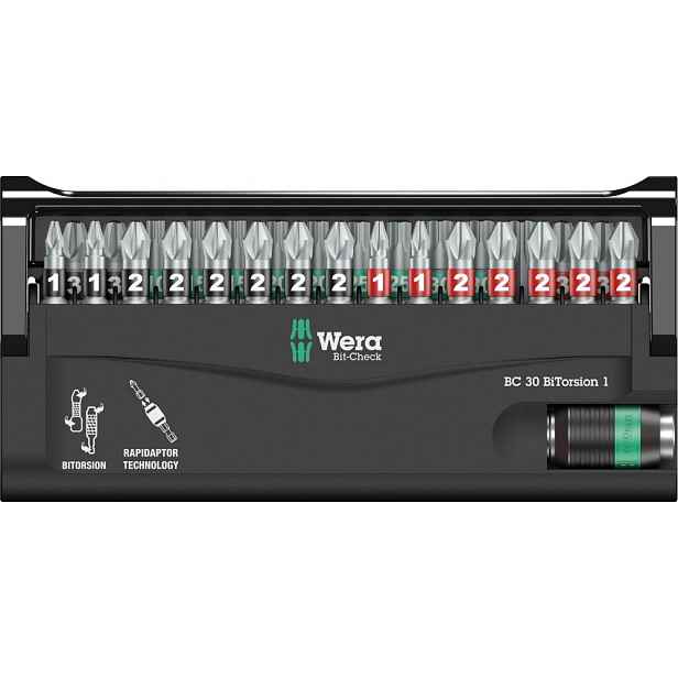 Sada bitů Ph, Pz, Torx držák Rapidaptor Bit-Check 30 BiTorsion 1 Wera