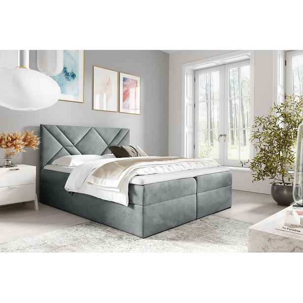 Boxspringová postel ASKOT - 140x220, šedá + topper ZDARMA