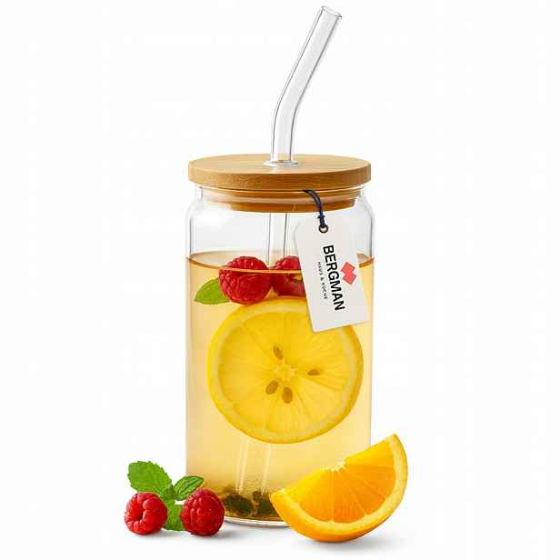Sada sklenic s brčkem a víčkem 550ml na nápoje Bergman, 6 ks