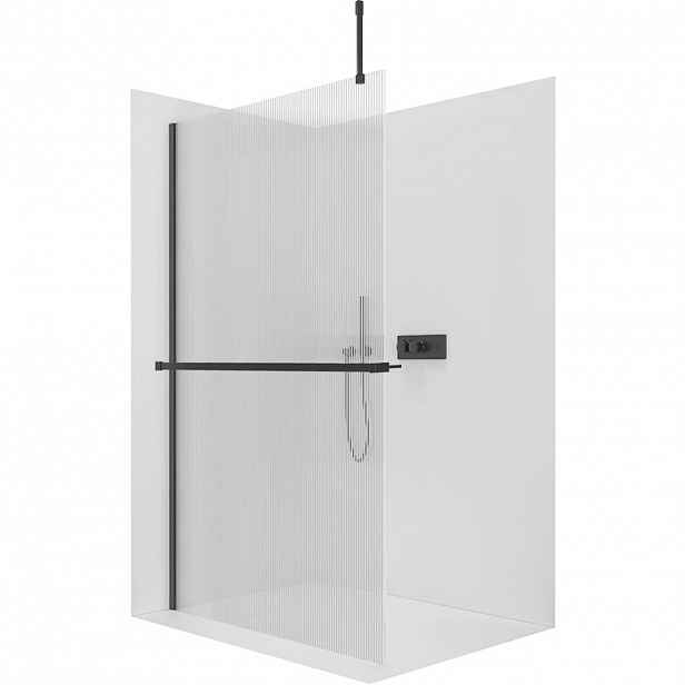 Sprchová zástěna Walk-in Onyx Top Cube L/P - 8 mm - hranatá vzpěra + polička/držák na ručníky - černá matná, rýhované sklo - 90x200 cm