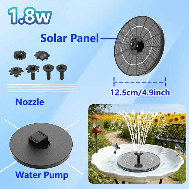 TEMU Solární fontána 1.8W-3.8W, krytí IPX8, solární čerpadlo do jezírka, solární fontána do jezírka, solární fontána pro ptačí koupele, vhodné pro