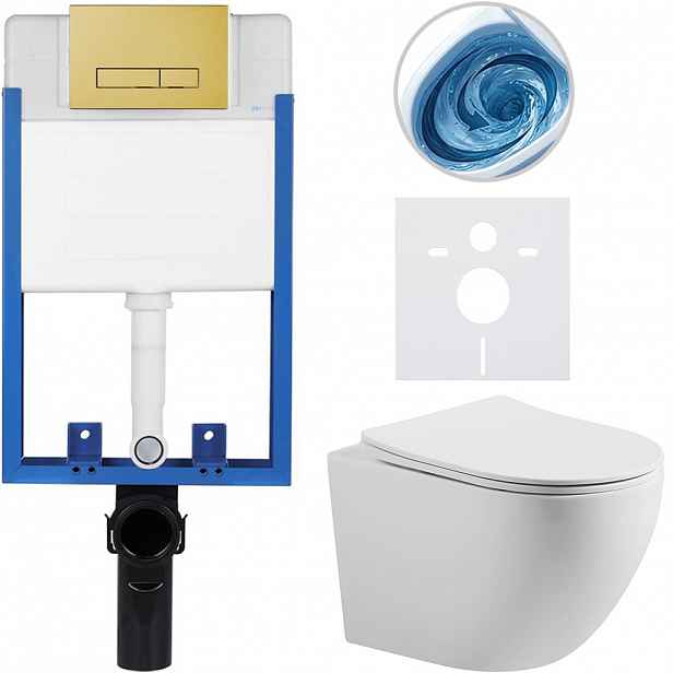 Kompletní WC set Profi/Cesso - bílá matná - WC tlačítko Slim/Zlatá - pro zazdění - 49x36 cm - 783968