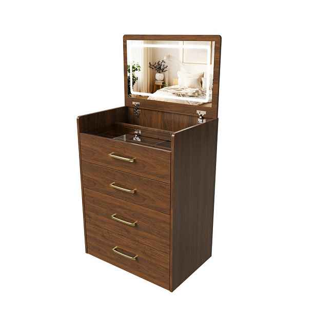 Redom TOALETNÍ stolek 40/60/118 cm 3 v 1 se sklopným zrcadlem, skleněnou deskou a taburetem z MDF, Ořechová