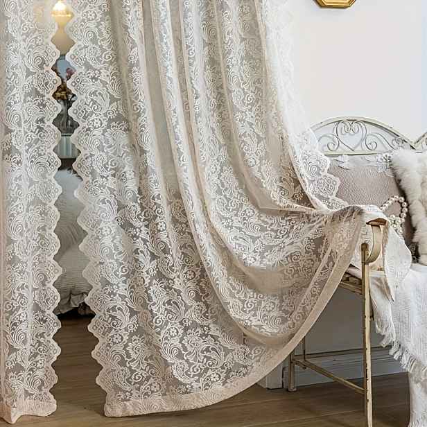 TEMU Francouzská vintage elegantní krajková tylová záclona, která se snadno instaluje bez vrtání, poloprůhledná pro okna ložnice obvodové zdi