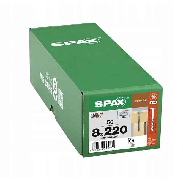 Tesařské vruty Spax do dřeva 8x220 mm, talířová hlava, Wirox 50 Ks.