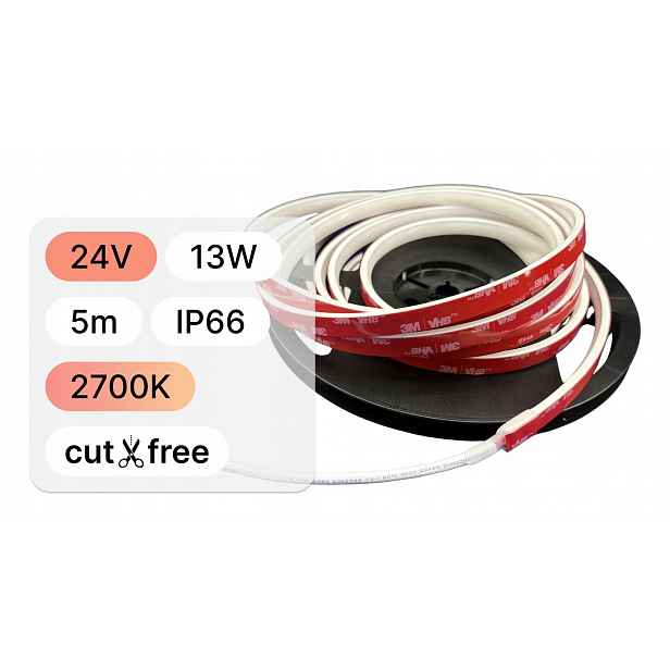 Vodotěsná Led páska Cob 13W 24V Cob teplá 2700K free cut freecut 5 mb