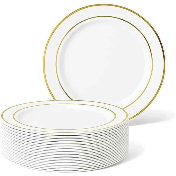 25 Bílých Plastových Talířků 19 CM Se Zlatým Okrajem, Elegantní