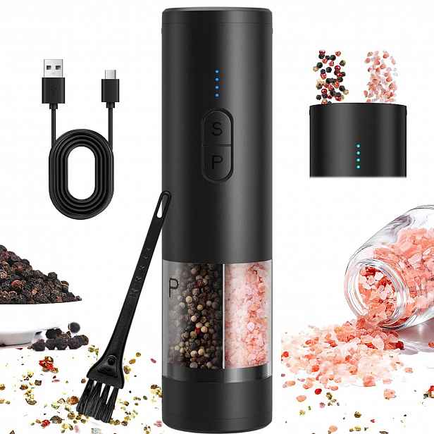 Elektrický kuchyňský mlýnek na pepř a sůl 24 cm 2v1, černý, Nastavitelný