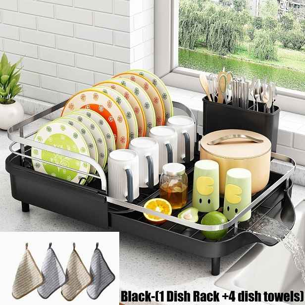 TEMU Sada 5 ks sušák na nádobí (1 sušák na nádobí + 4 utěrky 30x30 cm) - Roztahovací sušák na nádobí na kuchyňskou linku, odolný proti rzi s držákem