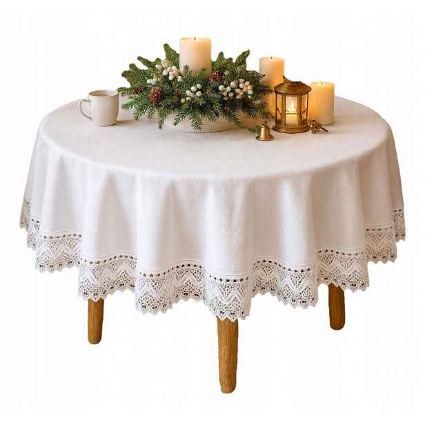 Bílý lněný ubrus kulatý přírodní krémový kruh Fi 170, elegantní