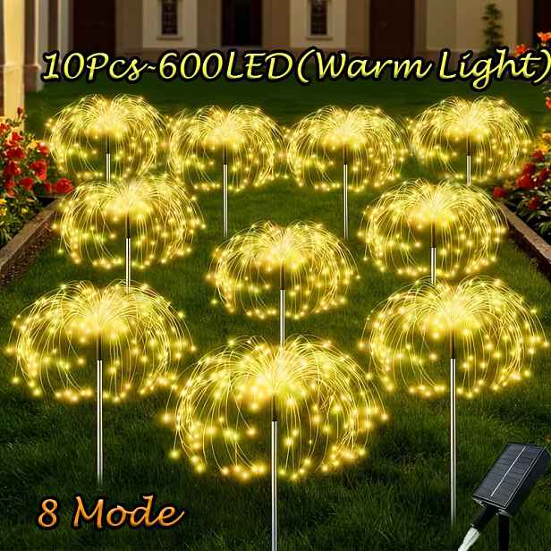 TEMU Balení 10 ks po 600 LED, Solární ohňostrojová světla, 5/1 balení - 300/60 LED korálků, Venkovní IP65 osvětlení na trávník, 8 světelných režimů,