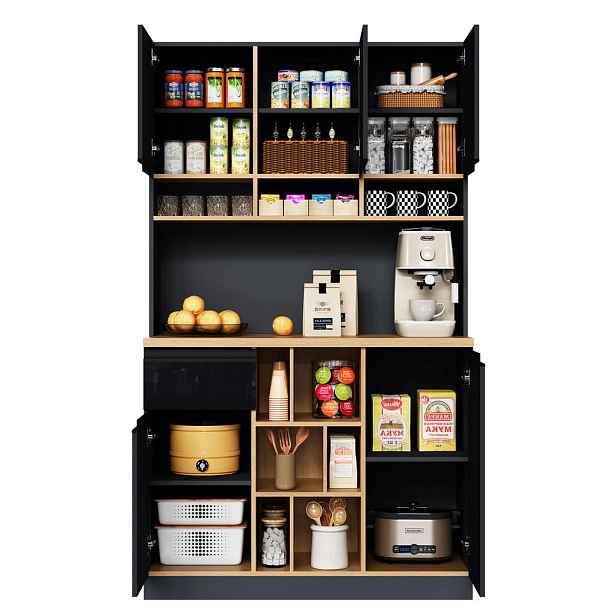 EVRYAE BUFFET Kuchyňská bufetová skříň vysoký lesk Černá se 3 zónami a pracovní deskou, úložný prostor moderní 105/45 cm