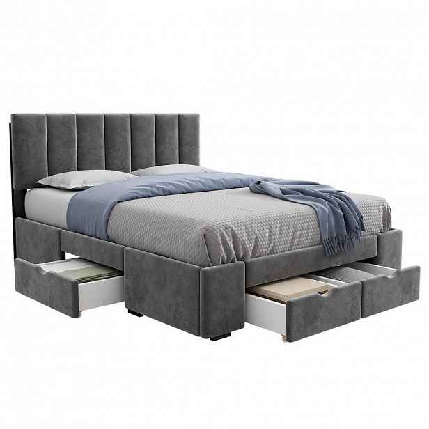 OKWISH ČALOUNĚNÁ postel 140/200 cm šedá ze sametu s roštem a 4 zásuvkami