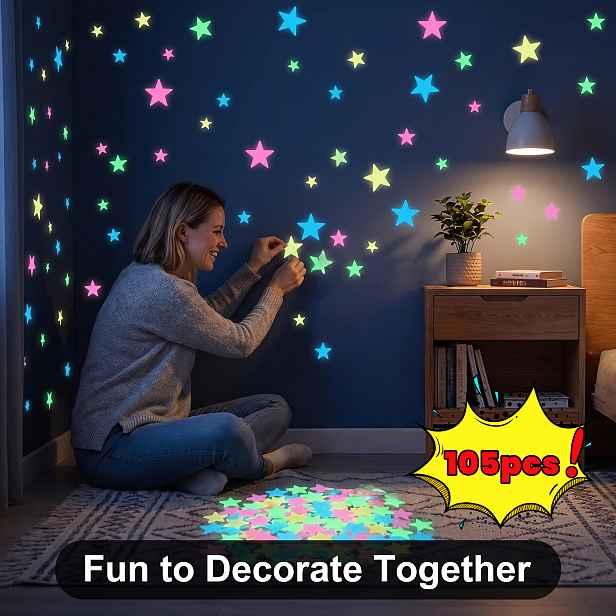TEMU 105 ks Nové vícebarevné samolepky na zeď ve tvaru hvězd, které svítí ve tmě, náhodné barvy, 1,18 palce, opakovaně použitelné fluorescenční