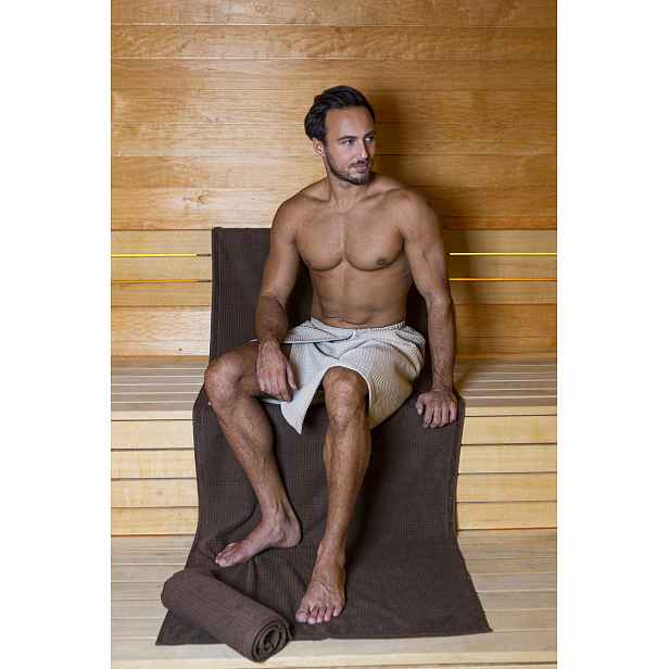 Vaflový kilt s kapsou VitalHome 60x150 cm na suchý zip do sauny, taupe/kávová