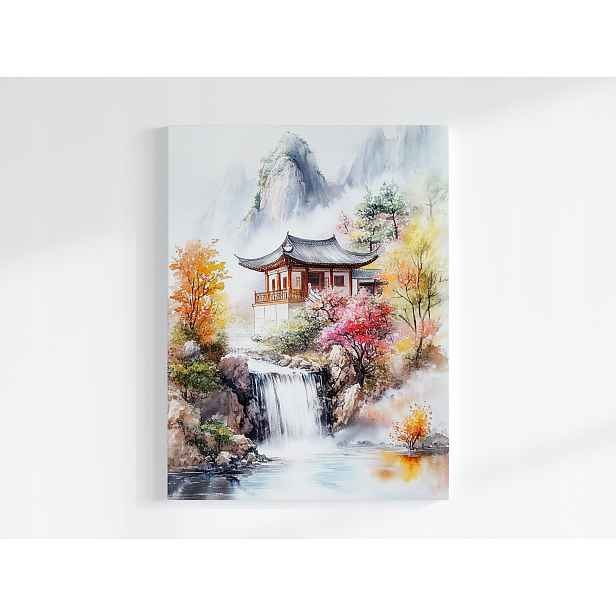 Plakát Japonsko Asie Hory Vodopád Barevné Stromy 75x100