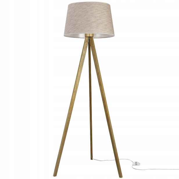 Stojací lampa trojnožková dřevěná se stínítkem boho len do obývacího pokoje Pl