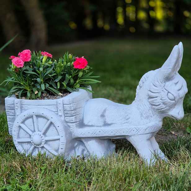 Zahradní Betonová Figura oslík s vozem Květináč ozdobný 35 cm 23 kg