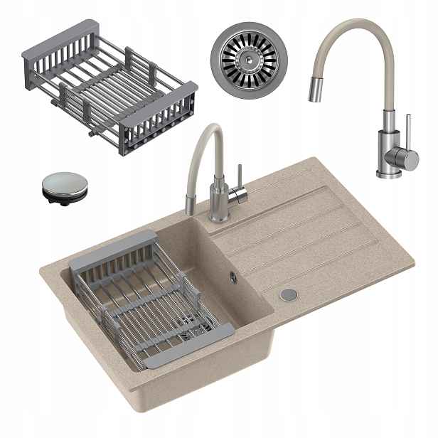 MyQ dřez Seul 11 dřez granitový béžový sada baterie 77x44