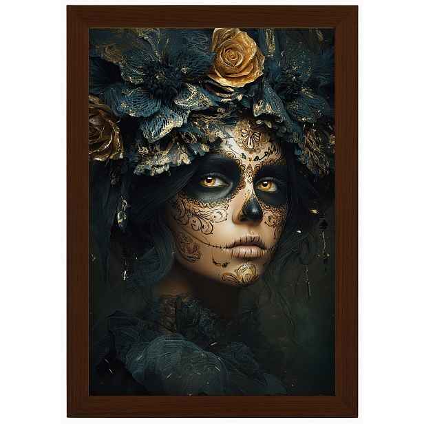 Plakát Rámeček Dřevo Dia De Los Muertos Catrina Zlaté Růže Art 40x60
