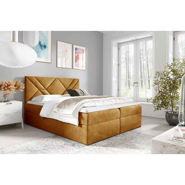 Boxspringová postel ASKOT - 200x220, žlutá + topper ZDARMA
