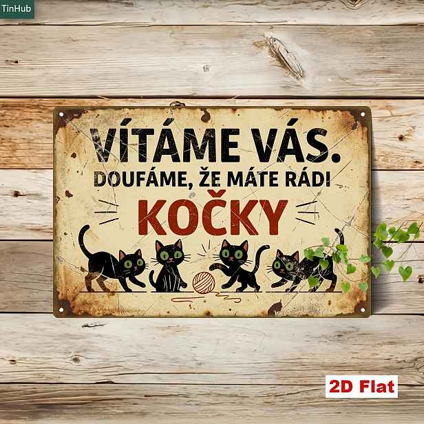 TEMU 2D plochá, 1 ks vintage česká kovová cedule s kočkou, 20x30 cm, železná dekorativní , potištěná uvítací zprávou a roztomilou černou kočkou