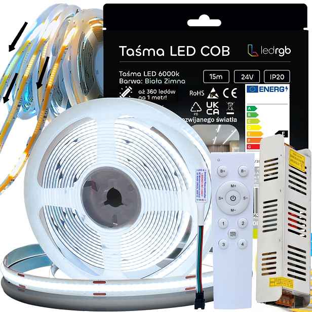 Set Led Pásek 15m (3x5) Bílý 6000K Digitální Plovoucí Dálkový Ovladač Napájecí Adaptér 24V
