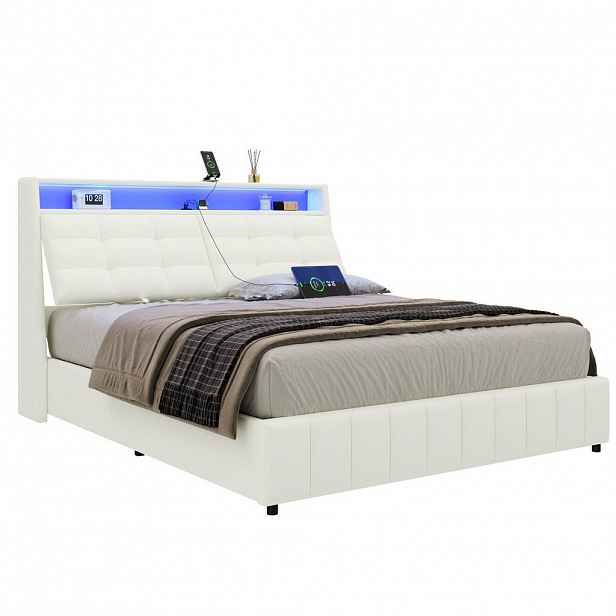 OKWISH ČALOUNĚNÁ postel 160/200 cm bílá z MDF a překližky s LED, USB a úložným prostorem
