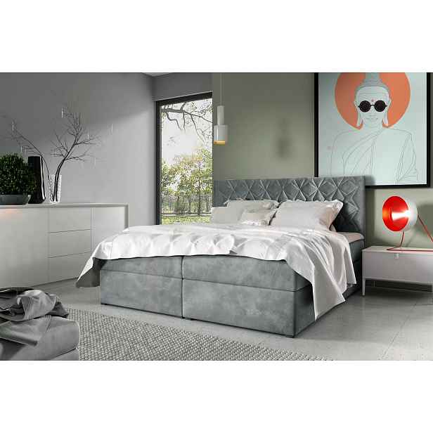 Postel boxspring s prošívaným čelem EUGEN - 120x220, šedá + topper ZDARMA