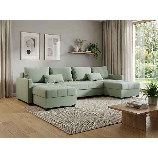 Rozkládací sedací souprava do U VENORIA 285x146 cm, světle zelená + 2 polštářky ZDARMA