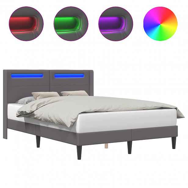 vidaXL Rám postele s LED pásky s čelo Šedá 120 x 200 cm Umělá kůže