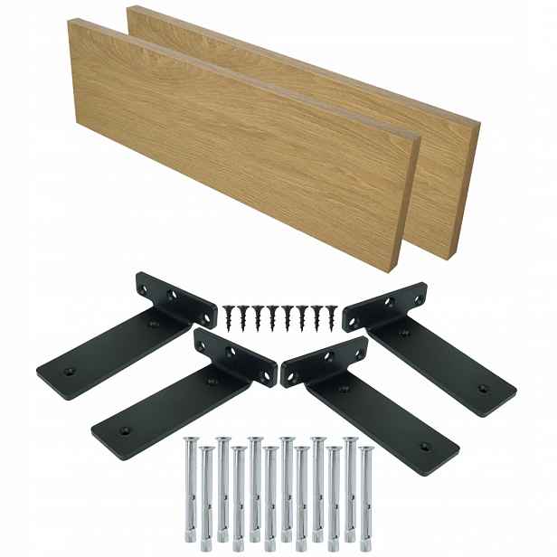 2x nástěnné police 40 x 20 cm dekor dub 01, závěsná police držák