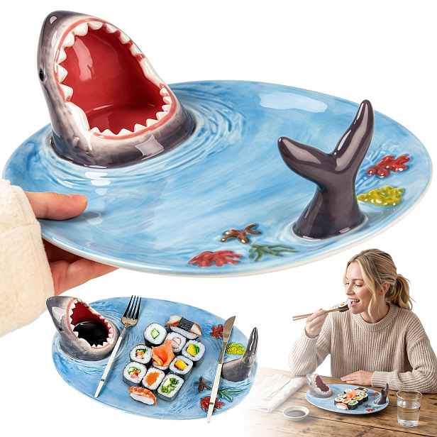 Keramický talíř na sushi žralok s podstavcem pod paličky, modrý