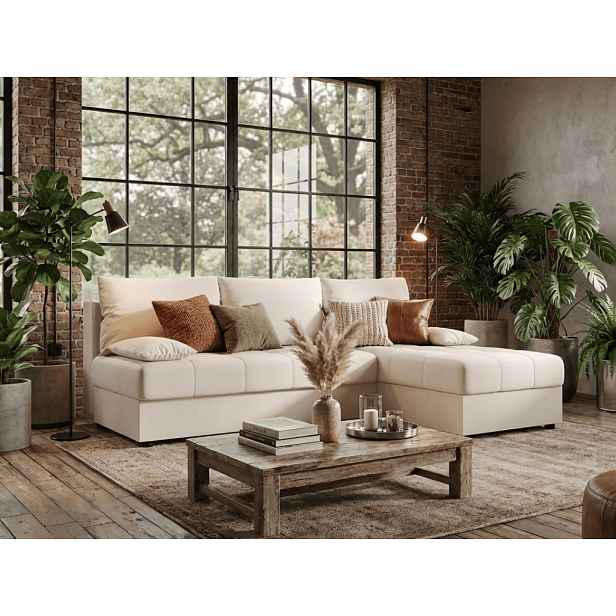 Rozkládací oboustranná sedací souprava do L VENORIA SLIM 200x143 cm, krémová + 2 polštářky ZDARMA