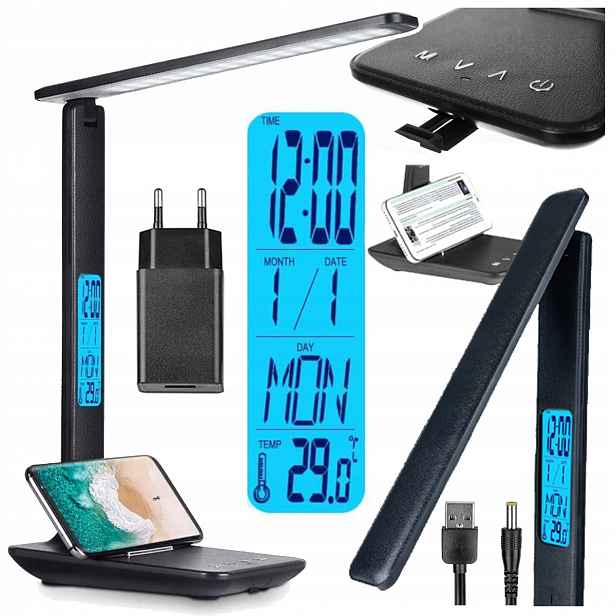 Led stolní lampička budík teploměr 3 barvy stojánek na telefon