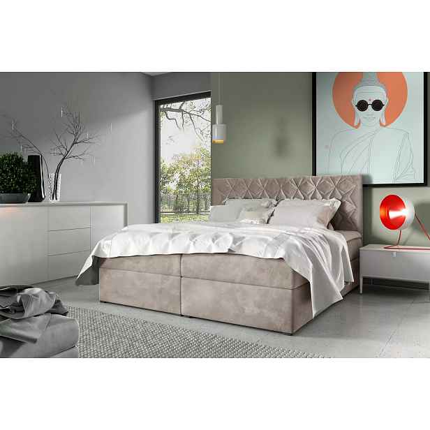 Postel boxspring s prošívaným čelem EUGEN - 140x220, béžová + topper ZDARMA