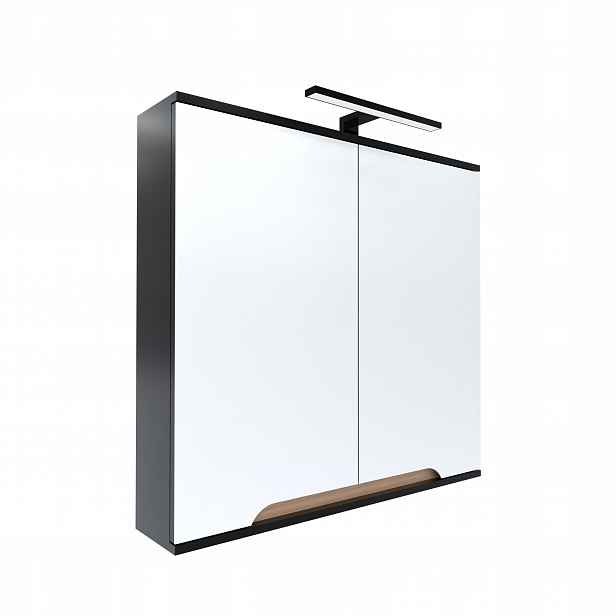 Skříňka se zrcadlem dvoudveřová 60x16x75 černá/dub, Led lampa 40 cm, Omeble