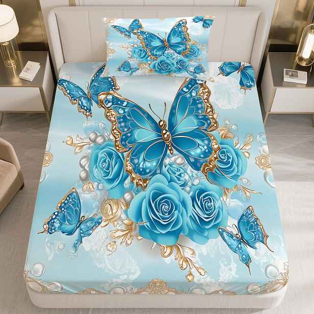 TEMU Latacaca 2/3dílná sada pohodlných prostěradel Azure Rose Opulence, obsahuje 1 prostěradlo s gumou a 2 povlaky na polštáře, nabízí luxusní a