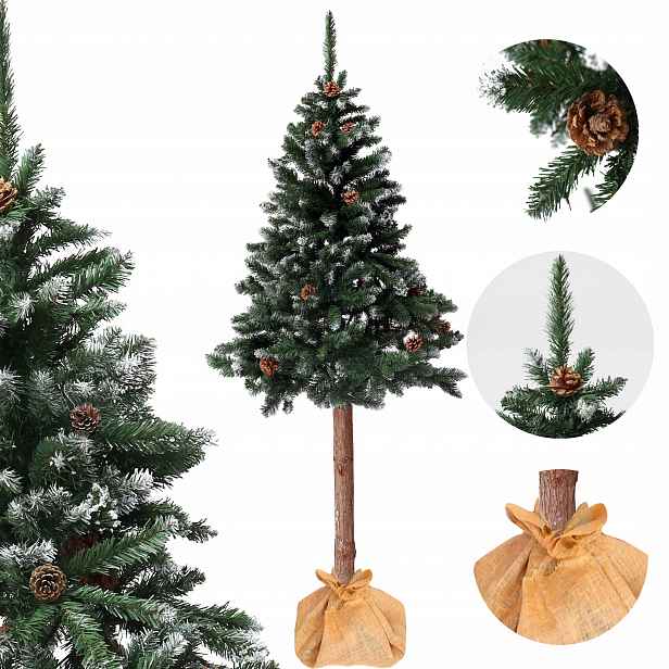 Umělý vánoční stromeček na kmeni borovice diamantový se šiškami, zasněžený, 161-180 cm