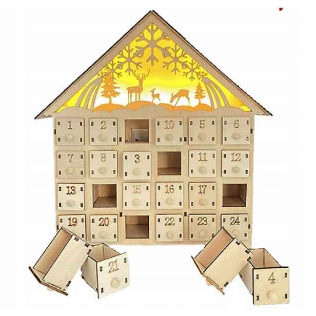 Dřevěný Adventní Kalendář Led Domeček Dárek