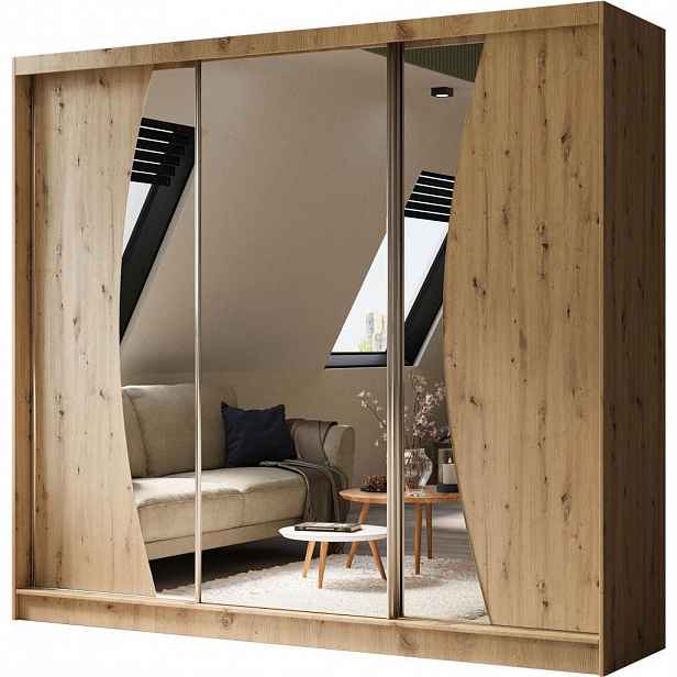Beautysofa SKŘÍŇ s posuvnými dveřmi Vox II 240/216/61 dub Artisan se zrcadlem a zásuvkami