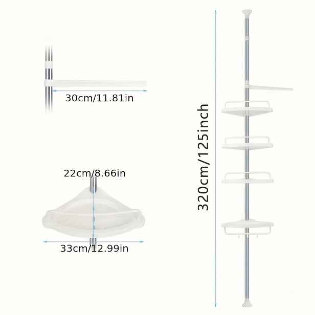 TEMU 4patrový rohový sprchový regál, nerezový tyčový úložný regál, nastavitelná výška od 55 do 320 centimetrů, vhodný pro organizaci koupelny a vany,