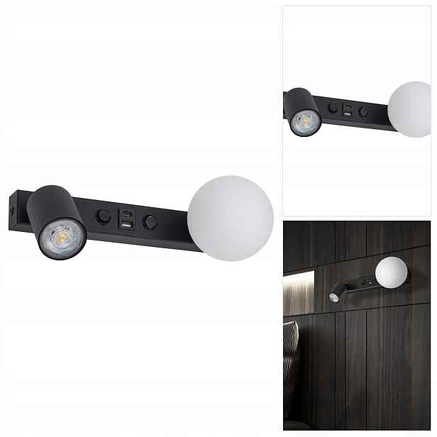 Černé nástěnné svítidlo Vox s reflektorem a Usb nabíječkou, moderní Tk Lighting