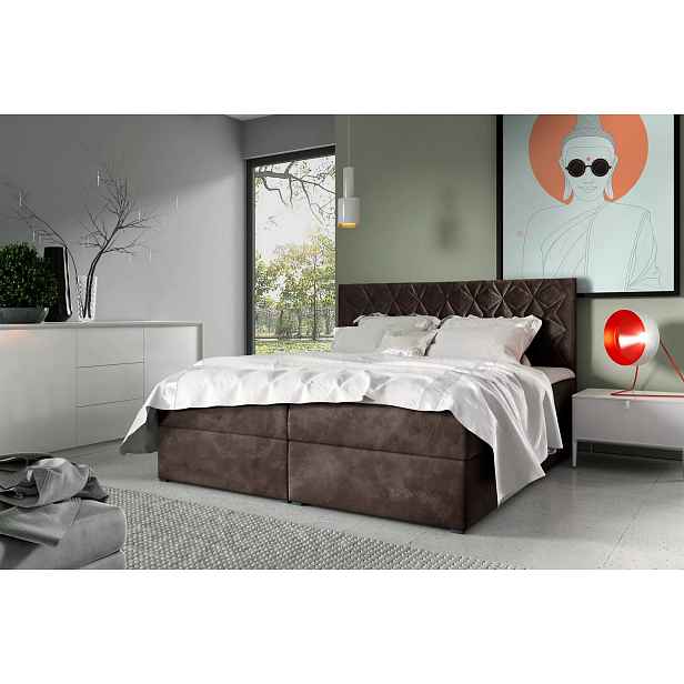 Postel boxspring s prošívaným čelem EUGEN - 160x220, hnědá 1 + topper ZDARMA