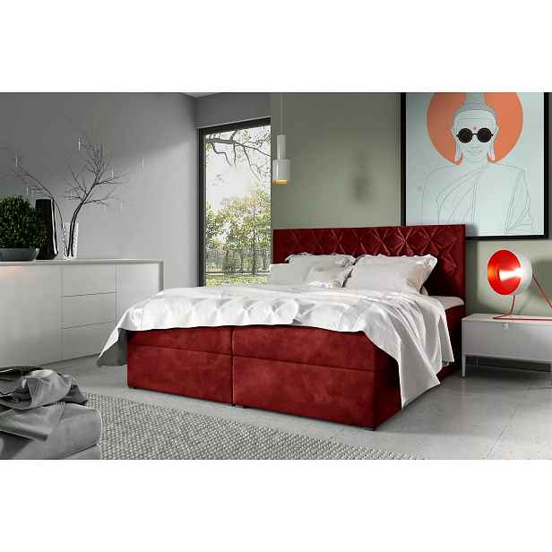 Postel boxspring s prošívaným čelem EUGEN - 160x220, červená + topper ZDARMA