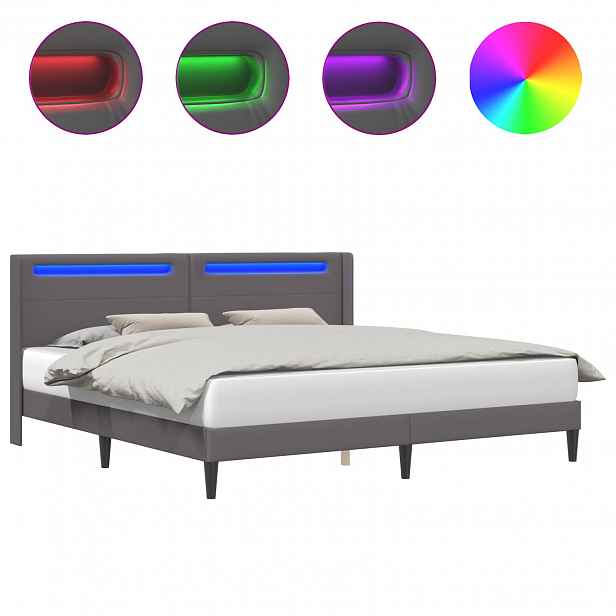vidaXL Rám postele s LED pásky s čelo Šedá 180 x 200 cm Umělá kůže