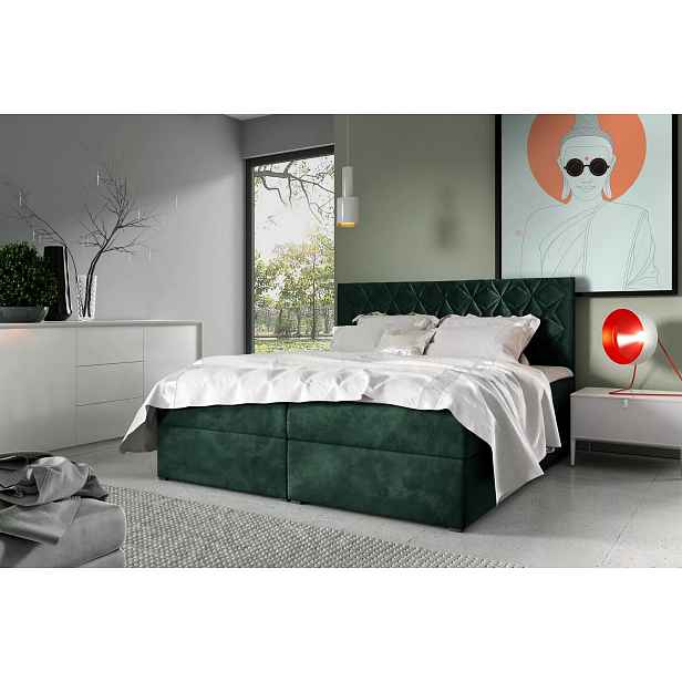Postel boxspring s prošívaným čelem EUGEN - 160x220, zelená + topper ZDARMA