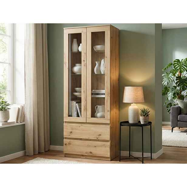 Vysoká vitrína Carlos, dub artisan, šířka 70 cm